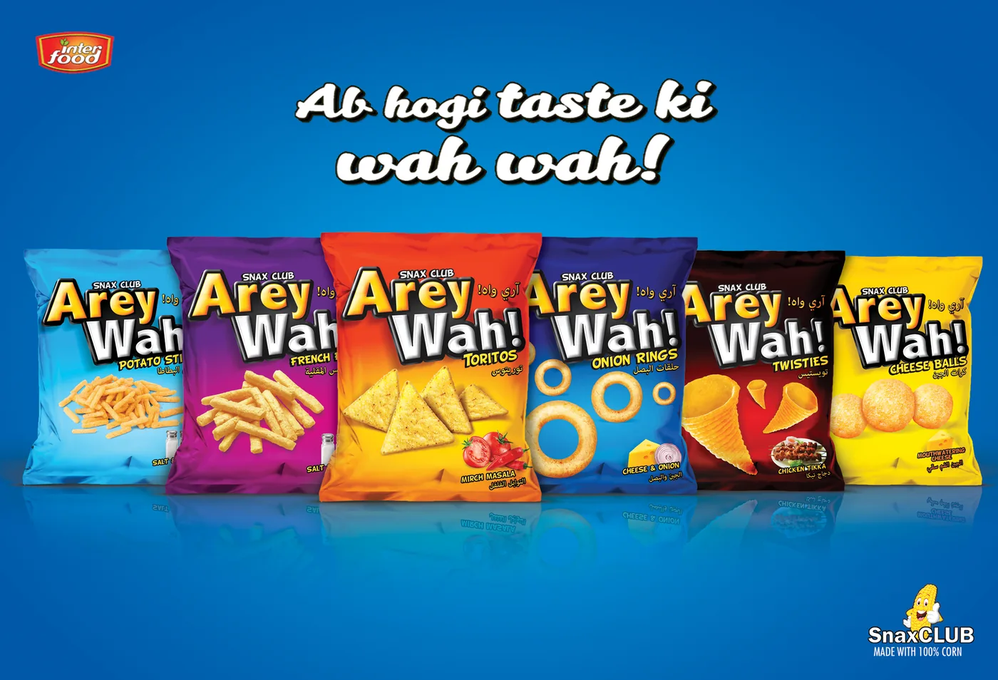 Arey Wah! key visual on blue: Ab hogi taste ki wah wah!, with six flavour packs