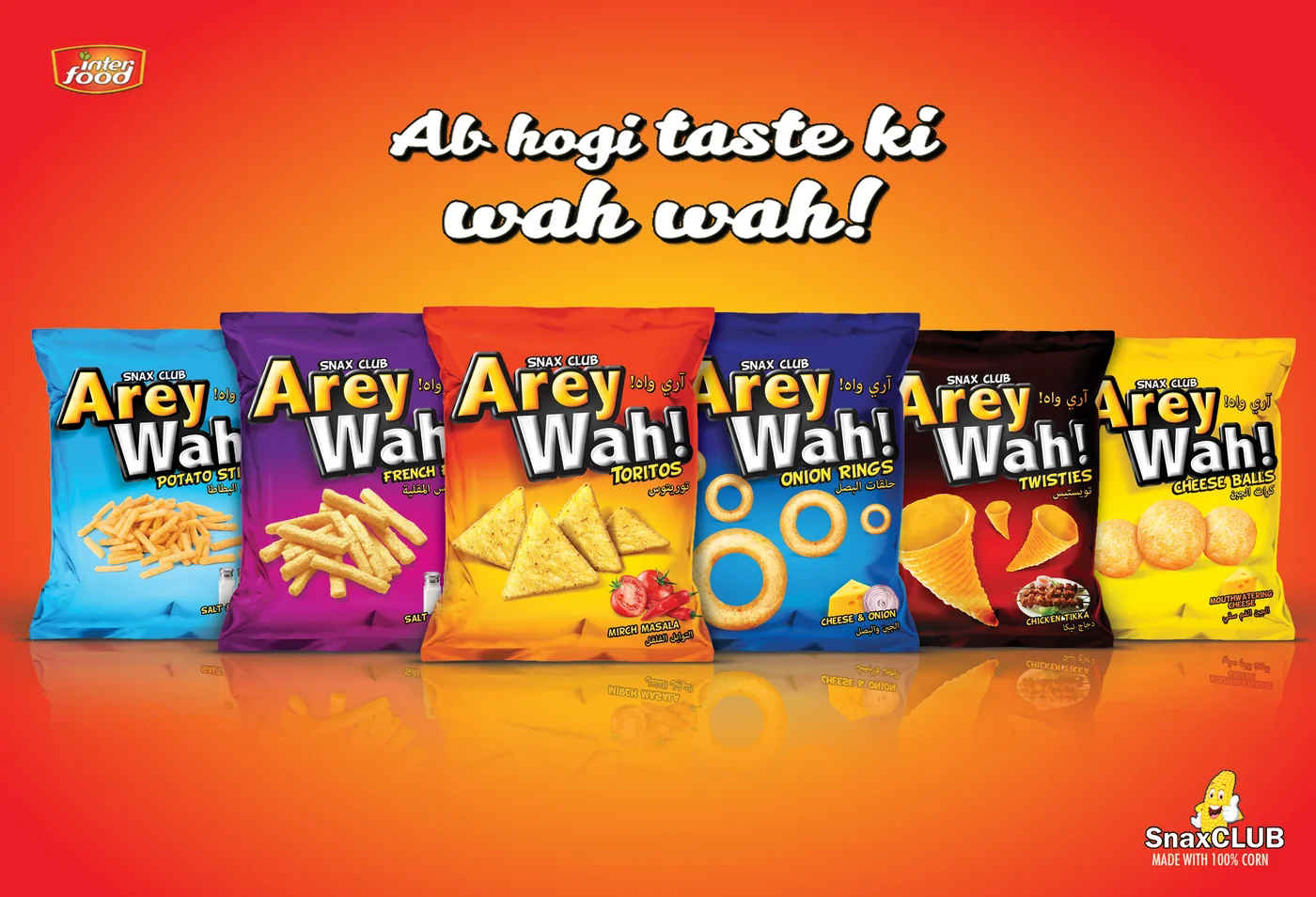 Arey Wah! key visual on orange with the six-pack flavour line-up