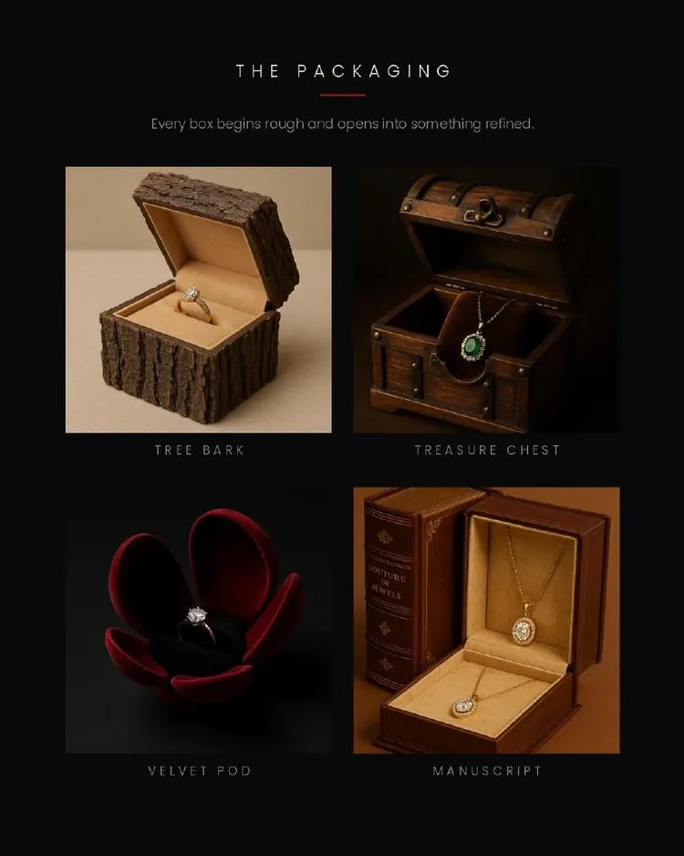 Couture de Jewels packaging: wooden and velvet jewellery boxes
