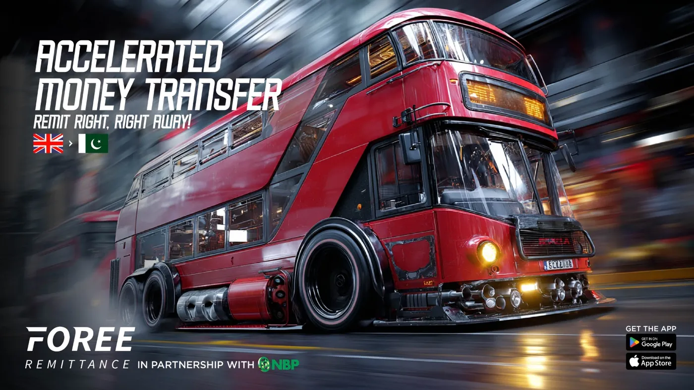 Foree Accelerated Money Transfer visual with a turbo London bus