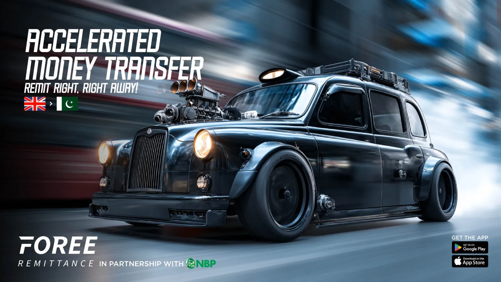 Foree Accelerated Money Transfer visual with a turbo London taxi