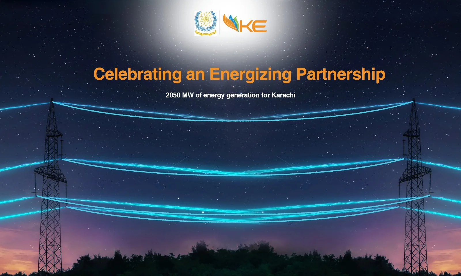 KE KANUPP backdrop: Celebrating an energizing partnership, two transmission towers linked by light