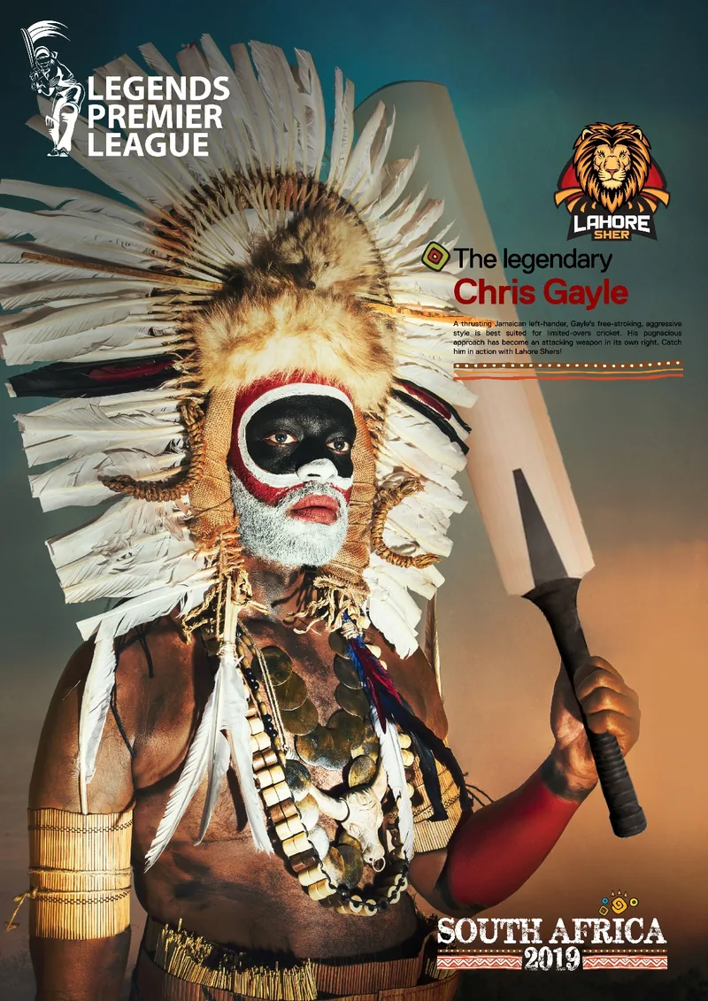 Player key visual: the legendary Chris Gayle in African tribal dress