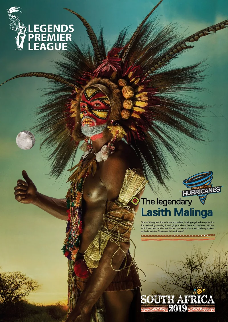 Player key visual: the legendary Lasith Malinga in a feathered headdress