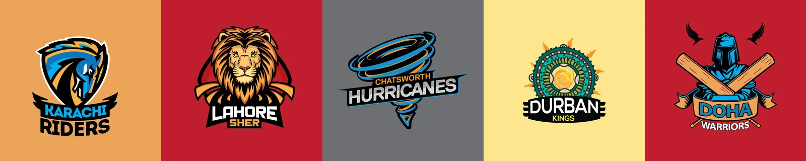 Team logos: Karachi Riders, Lahore Sher, Chatsworth Hurricanes, Durban Kings, Doha Warriors