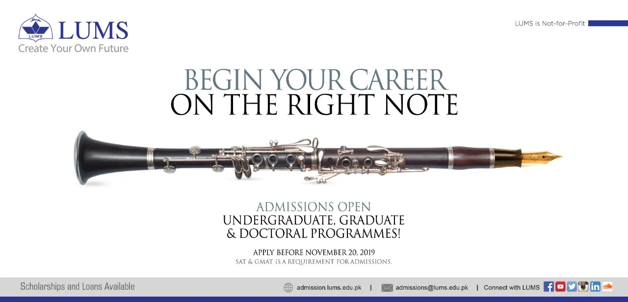 LUMS ad: Begin your career on the right note, a clarinet with a pen nib