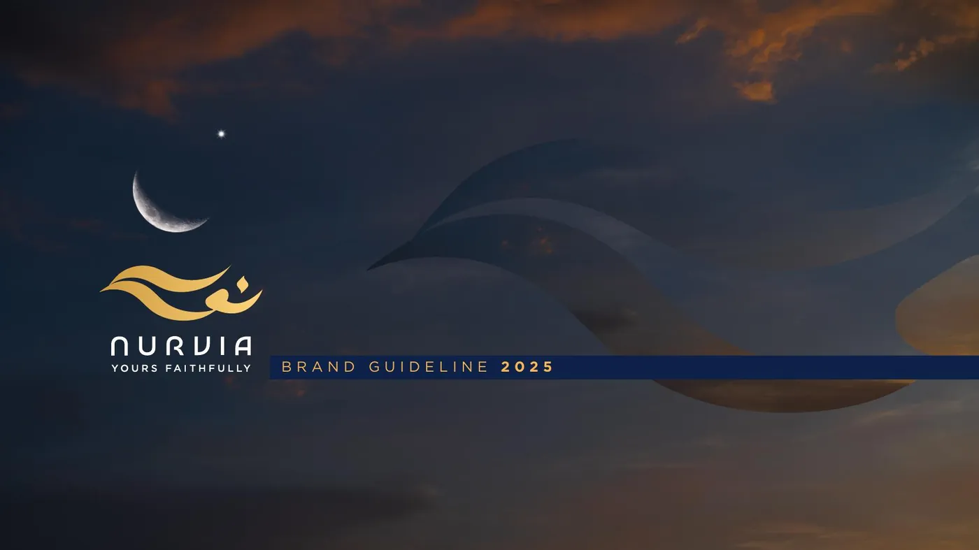 Nurvia brand guideline cover with the gold wave logo at dusk