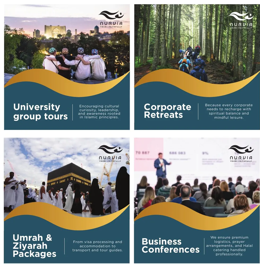 Nurvia social media posts: Umrah and Ziyarah packages, corporate retreats