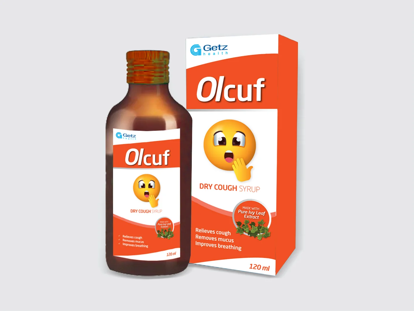 Olcuf dry cough syrup bottle and box with a coughing emoji
