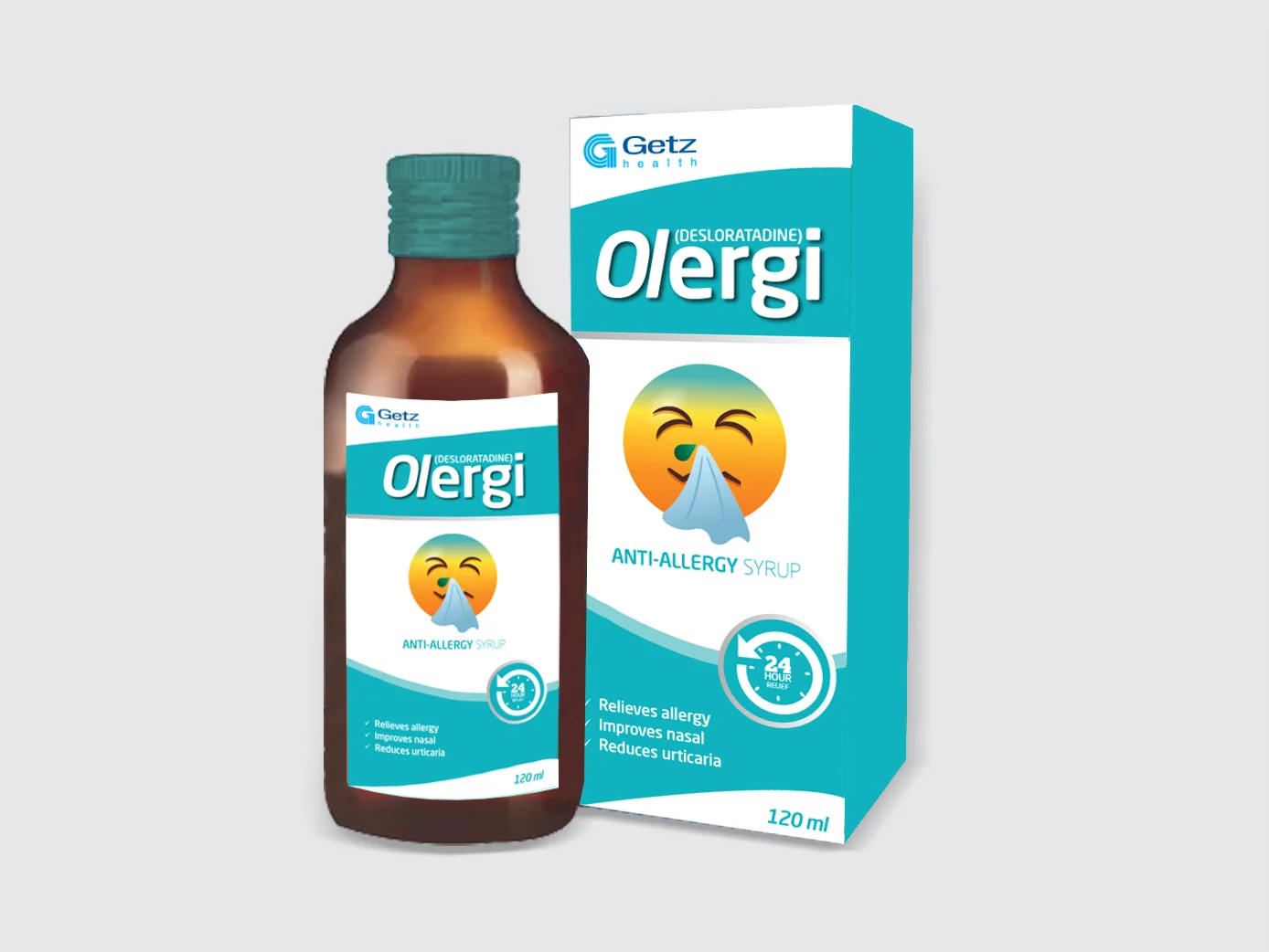 Olergi anti-allergy syrup with a sneezing emoji