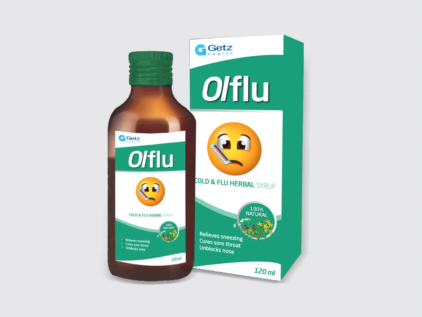 Olflu cold and flu herbal syrup with a thermometer emoji