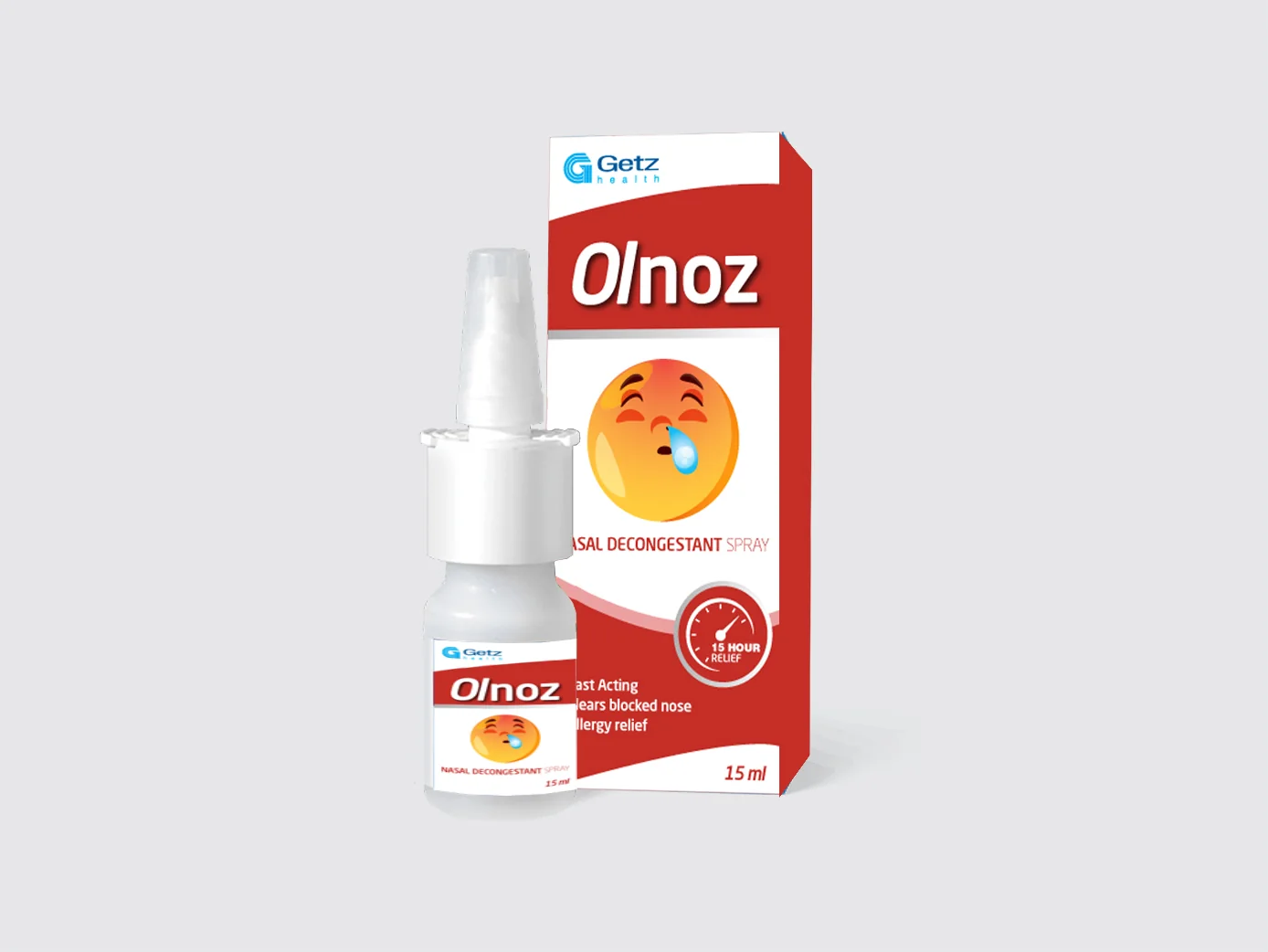 Olnoz nasal decongestant spray with a blocked-nose emoji