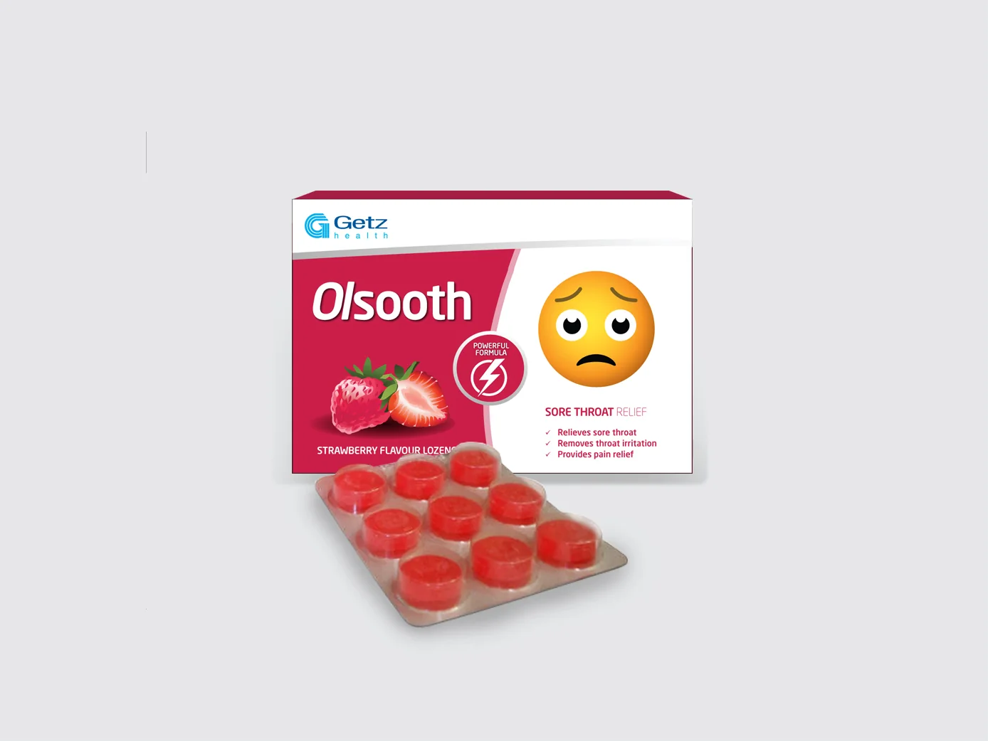 Olsooth strawberry sore-throat lozenges with a worried emoji