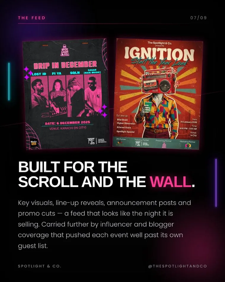 Spotlight & Co. event posters for Drip in December and Ignition
