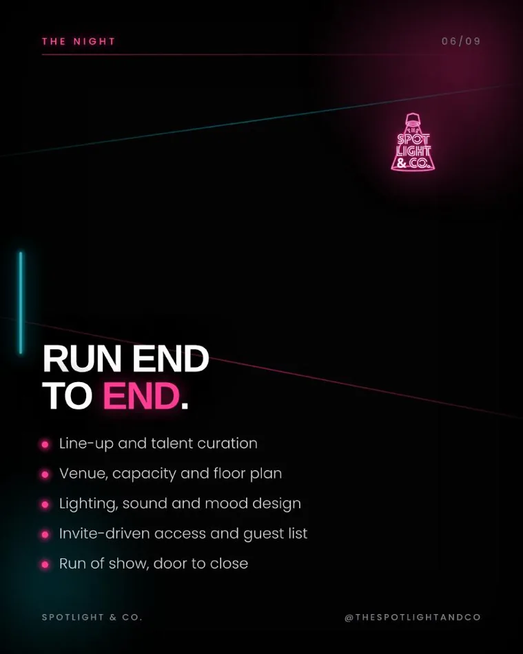 Spotlight & Co.: run end to end, from line-up to door